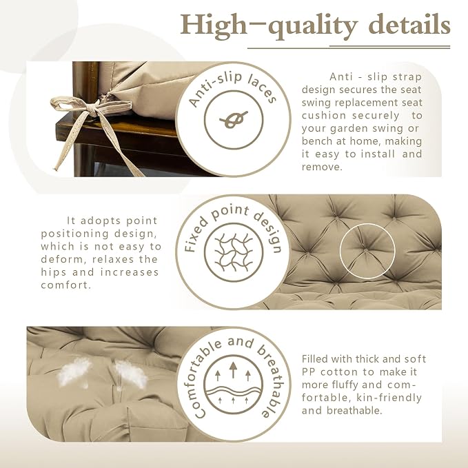Outdoor Porch Swing Cushions Waterproof Thicken 5" Replacement Porch Swing Cushion with Backrest for Outdoor Furniture (Khaki 48 × 40 ")