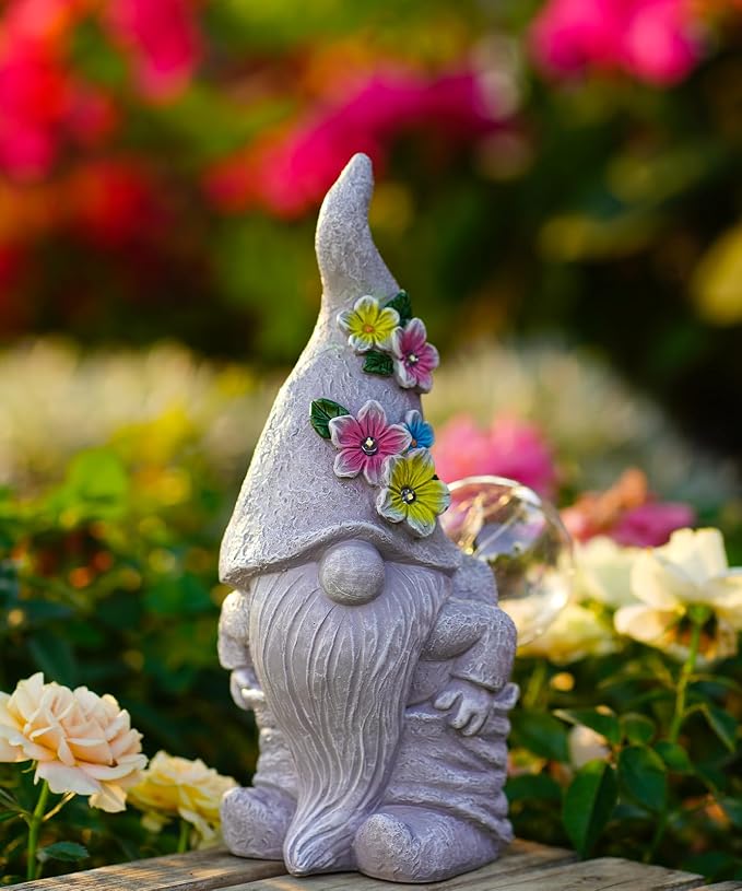 Nacome Solar Funny Gnome for Garden Decor: Durable Resin Statue All-Weather Automatic On/Off Switch Bubble Outdoor Outside Patio Porch Front Pathway - Gifts for Mom Grandma Lady
