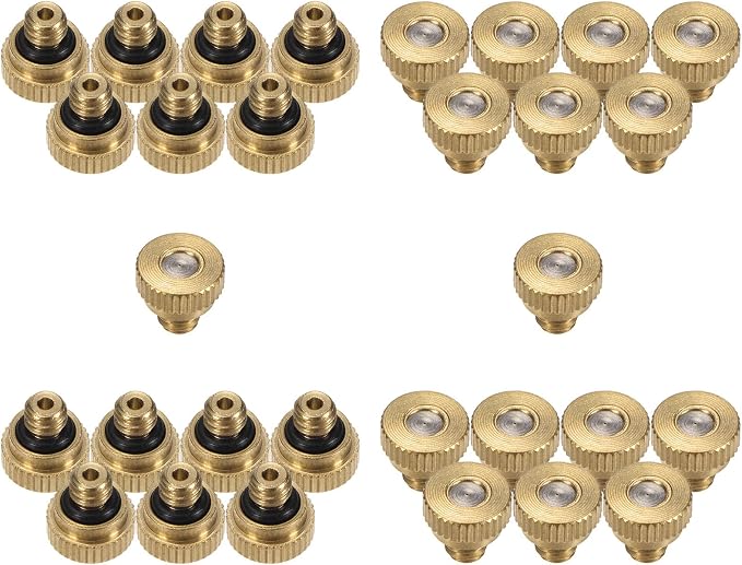 M METERXITY 30-Pack Brass Misting Nozzle, 0.012" 0.3mm Orifice 10/24 UNC O-Ring Replacement Mister Nozzles Plug Mister Heads for Garden Patio Outdoor Cooling System Low-Pressure Atomizing