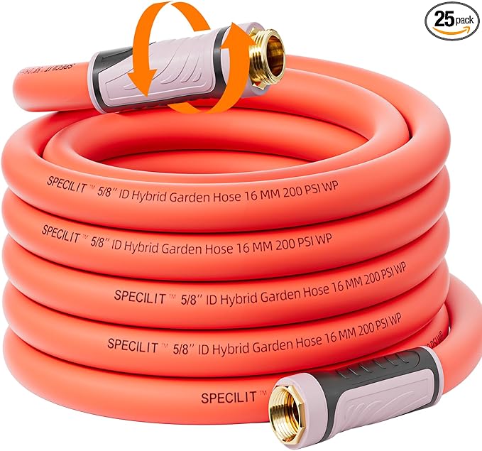 SPECILITE Garden Hose 25 ft x 5/8" Heavy Duty Premium Flexible Water Hose, with 360° Rotating Grip, No Kink, Leakproof, Lightweight, Burst 600 psi Hybrid Rubber Hoses for Reel, Outdoor, Yard