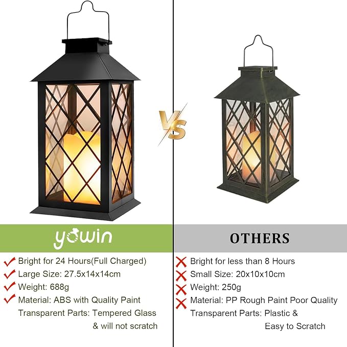 Yowin Solar Lanterns Outdoor Waterproof 2 Pack 14" Large Tempered Glass Hanging Solar Lantern with Flameless Candle, Garden Gifts, Wall Lamp for Backyard Porch Patio Lawn Vintage Decorations - Black