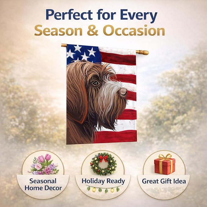 Caroline's Treasures CK6757CHF Wirehaired Pointing Griffon American Flag House Flag Large Porch Sleeve Pole Decorative Outside Yard Banner Artwork Wall Hanging, Polyester, House Size, Multicolor