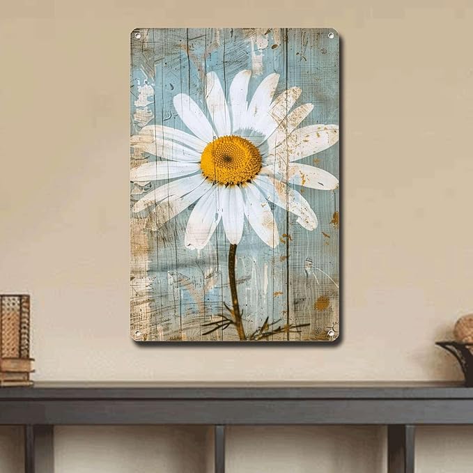 Metal Sign Tin Sign Vintage Wall Art Shabby Chic Daisy Tin Sign for Rustic Simplicity Antique Beauty and Distressed Wood Surfaces Garden Tin Signs for Pub 12×16 Inches