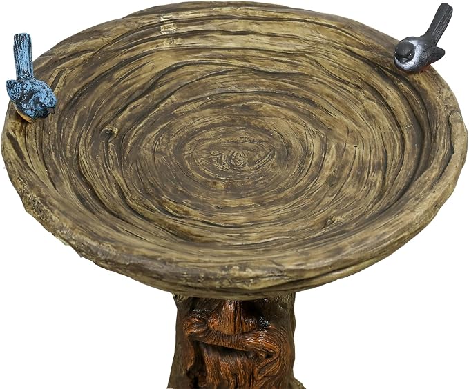 SunJet 24” High x 19” Diameter Outdoor Bird Bath with Tree Face Pedestal - Fibre Reinforced Concrete Birdbaths with Decorative Birds for Garden, Patio, Yard, Lawn Décor