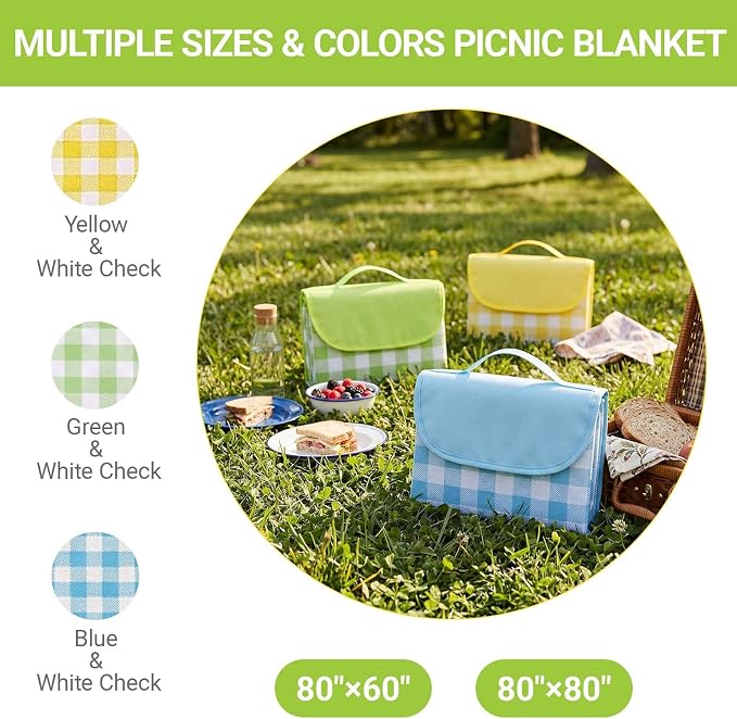 Waterproof Foldable Picnic Blanket Outdoor with Carry Strap,80"x80" Extra Large Beach Blanket Sandproof,Portable Soft Gingham Picnic Mat for Camping Travel Hiking Family Concerts Park(Green)