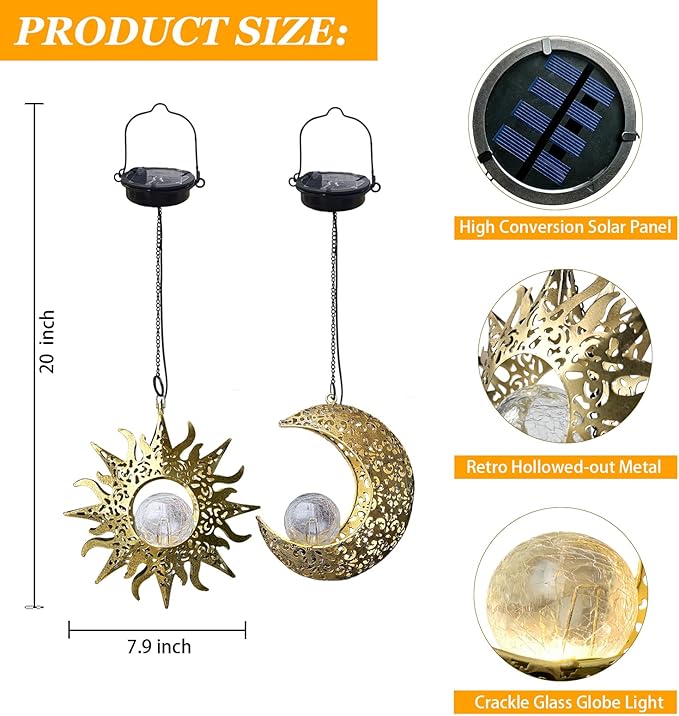 Solar Hanging Lights for Outside Garden,Outdoor Metal Lanterns Sun Moon Lamp, Large Decorations for Yard Garden Patio Proch Tree Wall, Christmas Gifts for Women Mom