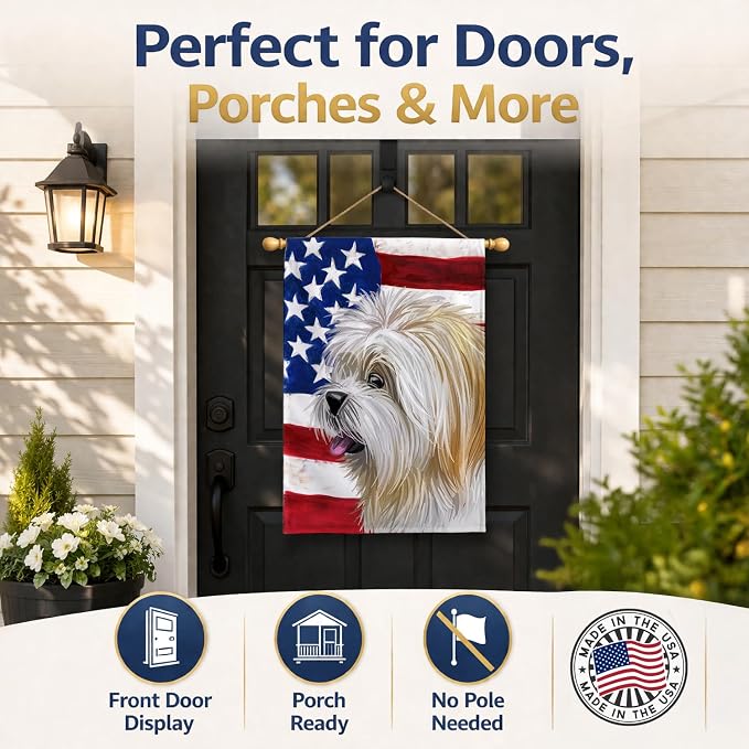 Caroline's Treasures CK6607CHF Lhasa Apso American Flag House Flag Large Porch Sleeve Pole Decorative Outside Yard Banner Artwork Wall Hanging, Polyester, House Size, Multicolor