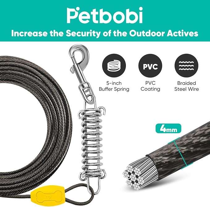 Petbobi Dog Tie-Out Cable and Stake - 40ft Heavy Duty Cable with Spring, No Tangle, 16in Ground Stake, Ideal for Outdoor Yard, Camping, Suitable for Small Medium Large Dogs Up to 120 lbs, Black