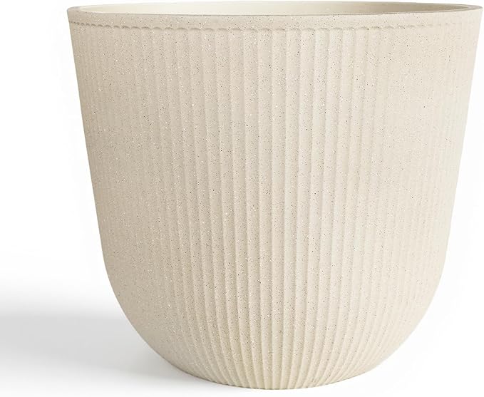 Worth Garden Round Large Planter Pot 1-Pack - 17.5" Dia x 15.5" H - Durable Plastic Beige Plant Tree Pots with Vertical Stripe Textured Finish, Drainage Hole for Indoor, Outdoor, Front Porch, Patio