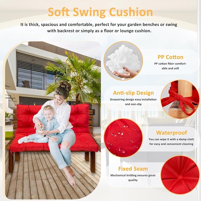 Swing Replacement Cushions for Outdoor: 2-3 Seater Waterproof Porch Bench Cushion with Backrest and Ties - 4" Thick Swing Cushion for Garden Patio Backyard Loveseat