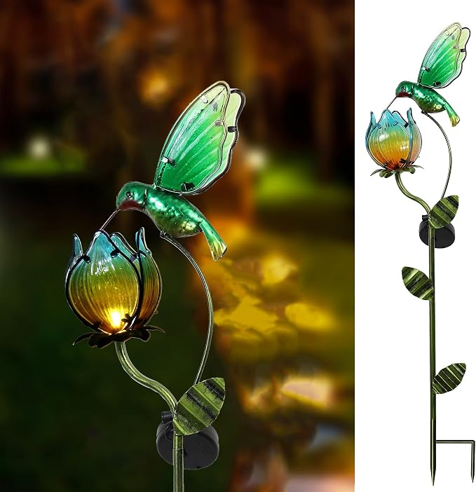 TERESA'S COLLECTIONS Glass Flower Bird Pathway Solar Outdoor Light for Garden Decor, 39'' Tulip and Hummingbird Metal Decorative Stakes Yard Art for Lawn Patio Porch Decorations, Gifts for Mom