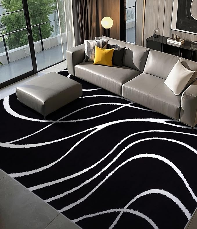 Black Modern Area Rug 6x9,Abstract Rugs for Bedroom,Black and White Geometric Rug,Minimalist Striped Rug,Dark Washable Area Rugs 5x7 Non Slip Rugs for Living Room，Office