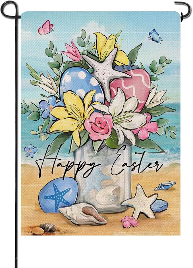 Artofy Happy Easter Beach Mason Jar Small Decorative Garden Flag, Coastal Lily Flower Easter Eggs Yard Lawn Outside Decor, Spring Nautical Starfish Burlap Outdoor Home Decoration Double Sided 12 x 18