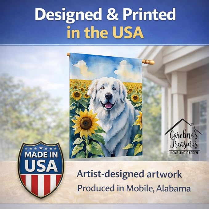Caroline's Treasures DAC6093CHF Great Pyrenees in Sunflowers House Flag Large Porch Sleeve Pole Decorative Outside Yard Banner Artwork Wall Hanging, Polyester, House Size, Multicolor
