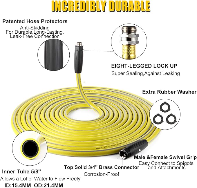 Garden Hose 50 ft Heavy Duty-Water Hose with 9 Way Spray Nozzle and Flexible 4 Layers Hybrid-3/4’’ Nickel Plated Brass Fittings-5/8’’ Inner Core-Lead-Free Outdoor Durable Lightweight Pipe Set