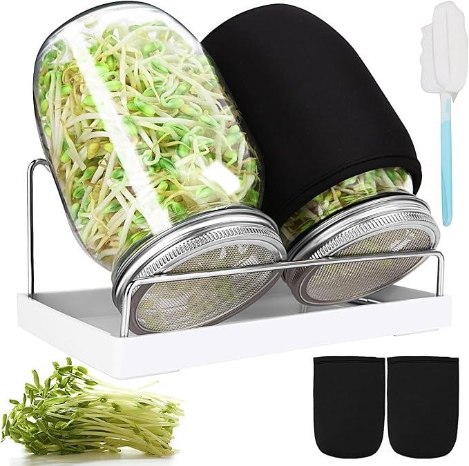 Sprouting Jar Kit, 32 OZ 2 Large Wide Mouth Mason Jars with Sprout Lids, Premium Canning Lids, Blackout Sleeves, Tray ,Stand & Canning Brush - Sprouting Kit for Growing Broccoli, Mung Bean, Alfalfa