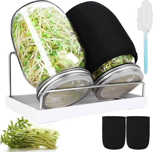 Sprouting Jar Kit, 32 OZ 2 Large Wide Mouth Mason Jars with Sprout Lids, Premium Canning Lids, Blackout Sleeves, Tray ,Stand & Canning Brush - Sprouting Kit for Growing Broccoli, Mung Bean, Alfalfa