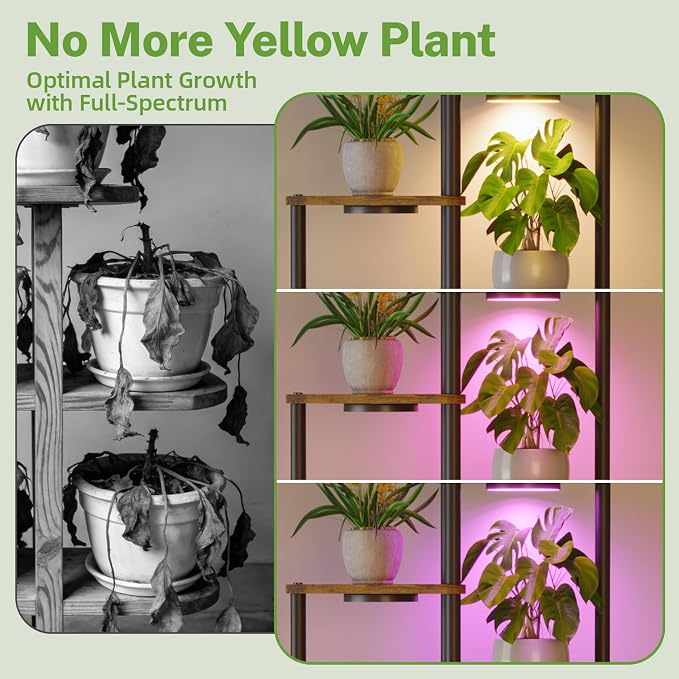 iDavosic.ly Tall Plant Stand with Grow Lights for Large & Heavy Duty Planters, 4 Tier Indoor Corner Flower Shelf with Wooden Trays & Metal Frame, Orchid Rack for Living Room Balcony, Black & Brown