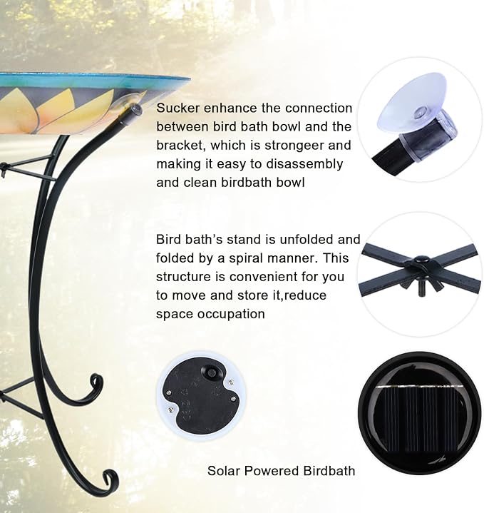 MUMTOP Outdoor Bird Bath, Large Glass Bird Baths Bowl with Metal Stand, Solar Sunflower Birdbaths for Outside Garden Lawn Yard Decor, 18”Dia 21.65”Height