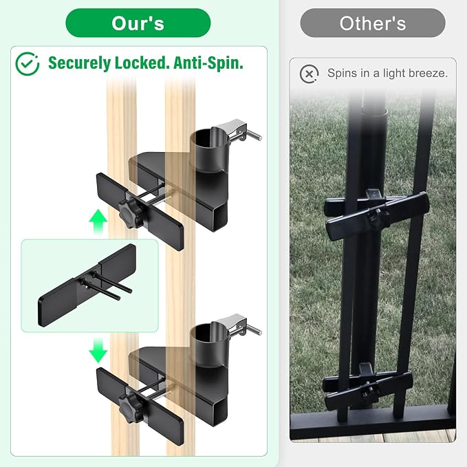 Heavy Duty Deck Railing Umbrella Holder, Adjustable Patio Umbrella Stand for 1-2 Inch Poles, Secure & Sturdy Railing Mount with Locking Pin, Maximizes Deck Space