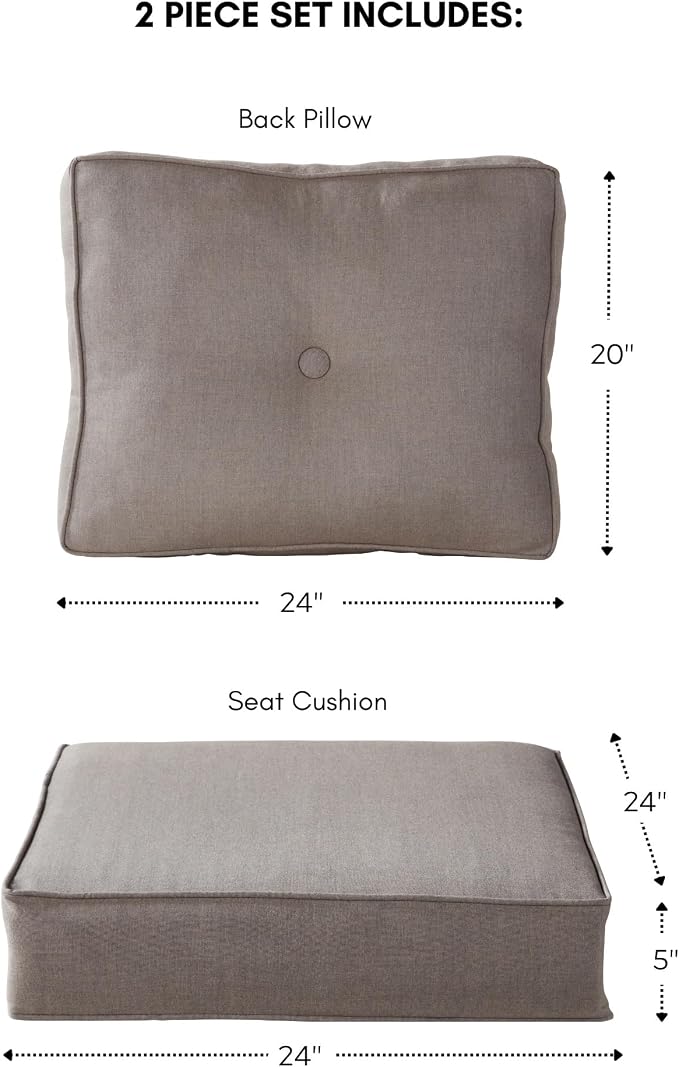 Sunbrella Deep Seat Cushion Set – Seat & Back Cushions for Patio Chairs, Sofas & Loveseats – Fade Resistant Outdoor Fabric, Ties, Zippered Cover, Cord Trim, Cast Shale