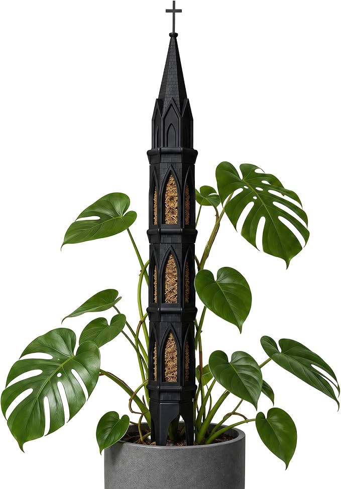 Gothic Tower Self-Watering Moss Pole for Monstera, 3D Printed Stone Texture Plant Support Stake for Climbing Plants, Indoor Plant Trellis for Philodendron, Pothos, Vine Plants (Black)