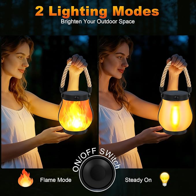 Solar Lanterns Outdoor, Ultra-Realistic Flickering Flame, USB & Solar Charging, 2 Lighting Modes, Waterproof Hanging or Tabletop Lights for Yard, Patio, Garden 8-Pack