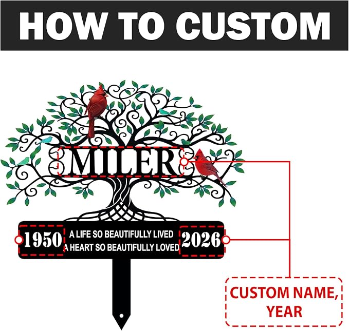 Personalized Tree of Life Cardinal Memorial Yard Sign Decor | custom name cardinal memorial yard sign with stakes garden plaque sympathy gift for mom outdoor decor for loss of loved one