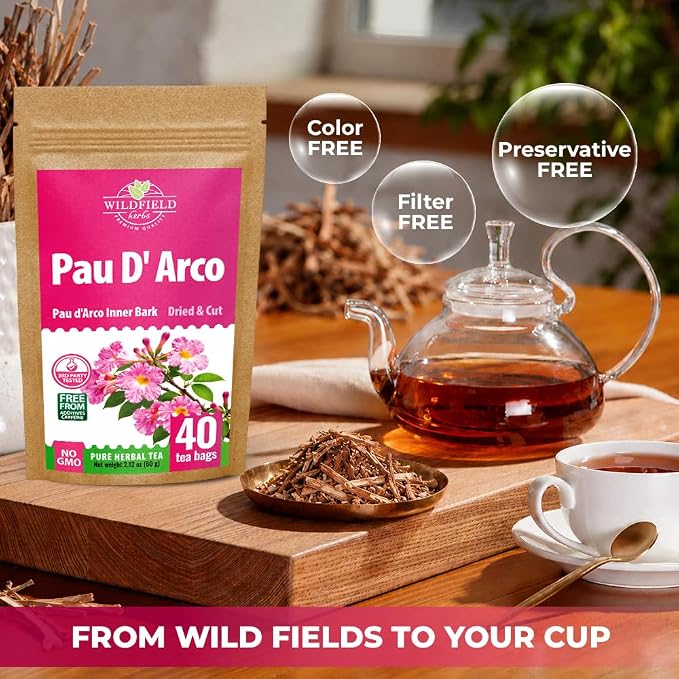40 Bags Pau D'Arco Herbal Tea (Tabebuia Impetiginosa) - 40 Count 1.5g Bags Dried Pau D'Arco Bark Herb Tea