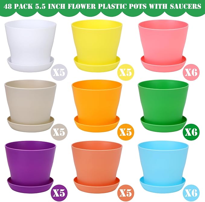 Hahood 48 Pack Plastic Planters 5.5 Inch Flower Plant Pots Indoor Set Thickened Seedling Nursery Pots Seed Starting Pots with Drainage Holes Saucers Mini Garden Tool for Home Office Garden, Multicolor