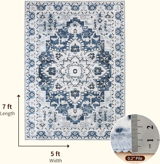 LBRO2M Machine Washable Rug Soft Pet Friendly Carpet 5X7 Blue | Persian Rug 5X7 for Living Room, Bedroom, Dining Room, Home Office, Non Slip Carpet, Foldable Stain Resistant Rugs
