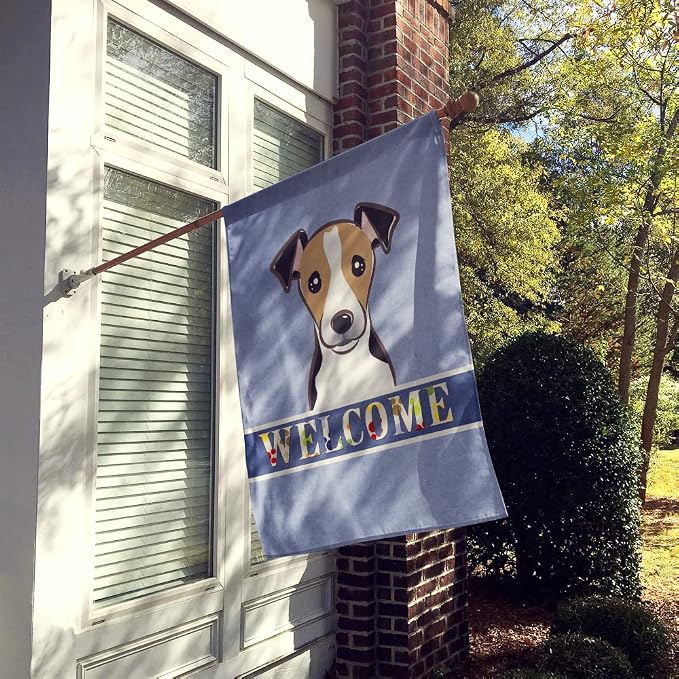 Caroline's Treasures BB1447CHF Jack Russell Terrier Welcome House Flag, Blue Large Porch Sleeve Pole Decorative Outside Yard Banner Artwork Wall Hanging, Polyester, House Size, Multicolor