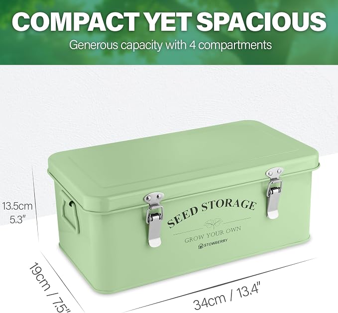 Seed Storage Box Organizer – Green Garden Seeds Tin with Lid, Side Handles, 4 Compartments & Safety Lock – Seed Packet Container for Gardeners – Gardening Gift Idea | Seed Tin with Lid, Handles, 4 Sections & Safety Lock – Perfect Gardening Gifts for Me...