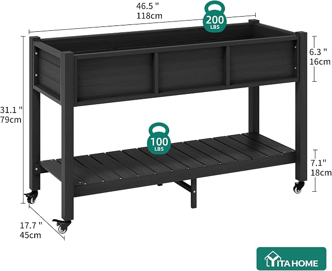 YITAHOME Raised Garden Bed HDPE, 47x18x31In Raised Flower Bed Poly-Wood Weather-Resistant Elevated Planter Box with Lockable Wheels & Storage Shelf for Vegetable Flower, Black