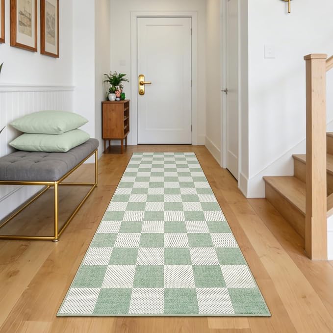 GarveeHome Checkered Sage Green 2x6 Washable Kitchen Runner Rug Entryway | Sage Green Small Area Rug for Hallway Bedroom Bathroom Low-Pile Non-Slip Stain Resistant Geometric Rugs TPE Backing