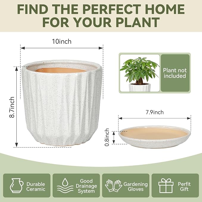 10 Inch Ceramic Planter Pot with Saucer Drainage Leak-Proof Mesh,Flower Pots for Indoor Plants with Gardening Gloves,Ceramic Planter(Waxen White)