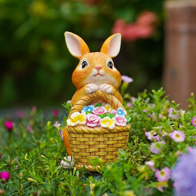Fairy Garden Statues,Fairy Garden House with Solar Powerd Night Light,Yard Decorations Outdoor Fairy Garden Accessories Decor for Outside (Rabbit Flower Basket)