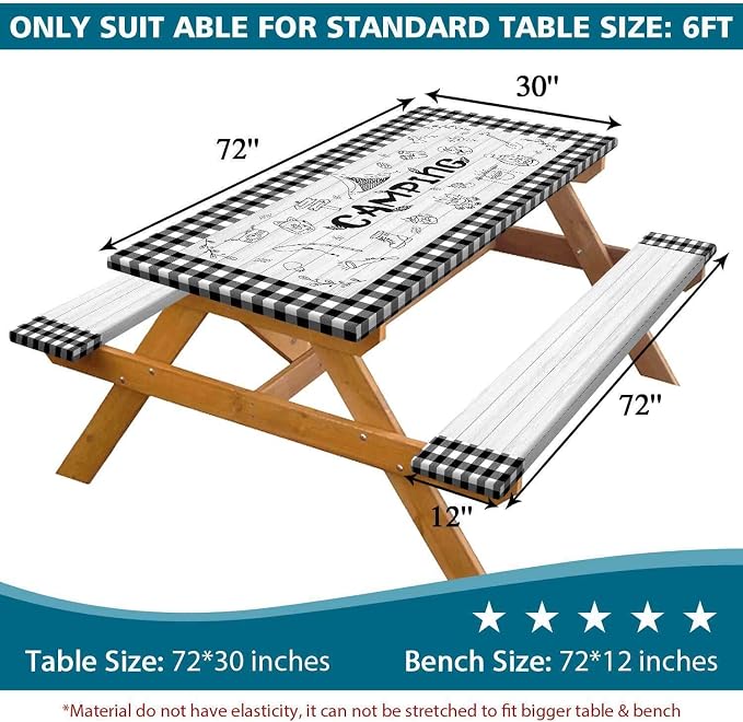 Picnic Table Cover with Bench Covers Checkered Camping Tablecloth, Waterproof Windproof Reusable Picnic Table Covers with Drawstring Bag, Outdoor Patio Camping Essentials, 72In 3PCS