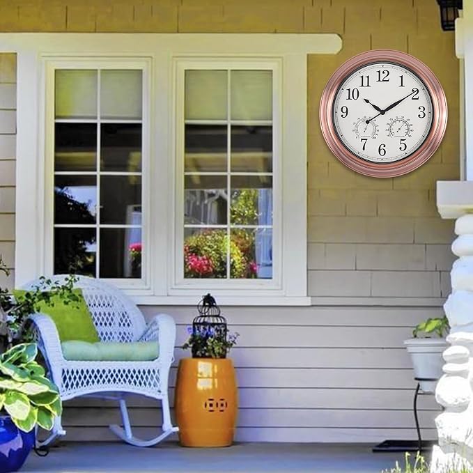 16 Inch Outdoor Clock Thermometer Combo, Red Bronze Metal-Frame Waterproof Wall Clock