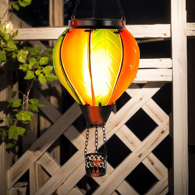 Hanging Solar Hot Air Balloon Lantern with Flame, Glass Hot Air Balloon Solar Lantern Outdoor Waterproof, Solar Powered Hot Air Balloon Lantern Decorative for Outside Garden Yard (Orange)