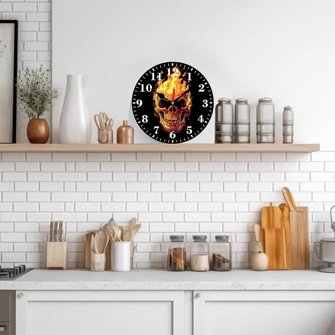 Wall Clock, Fire Skull Silent Non Ticking Battery Operated Round Decorative Indoor Outdoor Clocks for Living Room Kitchen Bedroom Bathroom Patio 12"