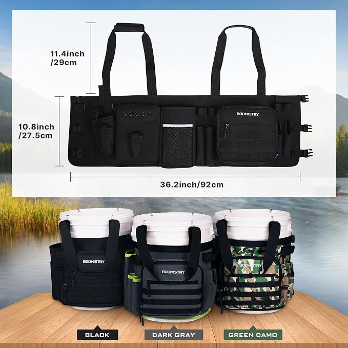 Boomistry Fishing Bucket Organizer for 5 Gallon Bucket, Black | 15 Multi-Pockets, 4 Built-in Rod Holder Storage, 3 Adjustable Buckles, for All Fishing Gear & Tackle Accessories