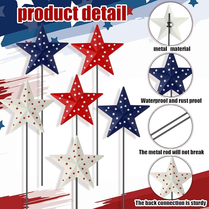 Pickmesh 6 Pcs 12" H Patriotic Yard Decor Outdoor 4th of July Outdoor Decor Red White Blue Metal Yard Sign Garden Stake 250th Anniversary USA Flag American Lawn Sign for Independence Day Decoration