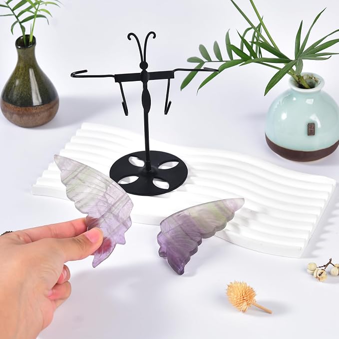 JIC Gem Rainbow Fluorite Crystal Butterfly Art Angel Wings Sculpture Carving,Healing Crystal Butterfly Ornaments Energy Decorative Stone Reiki Gifts (1pair, 10cm)