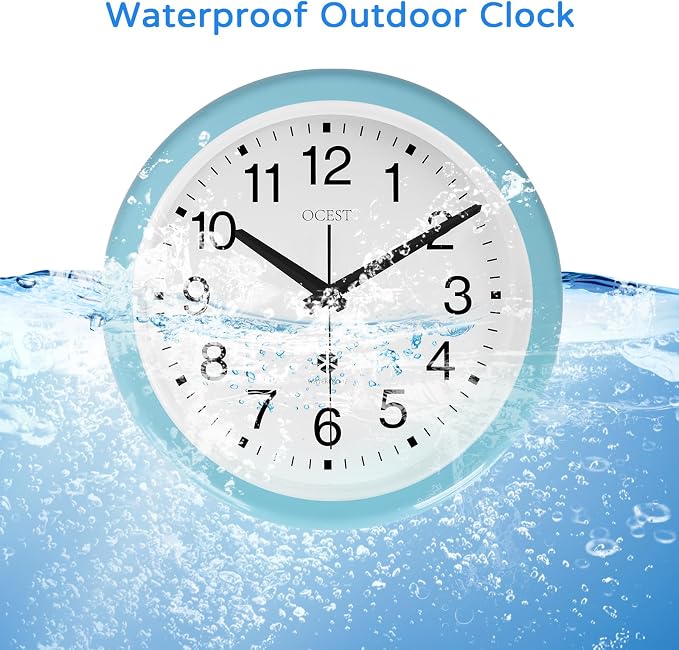 OCEST 12 Inch Sealed Indoor Outdoor Clock Waterproof, Silent Battery Operated Wall Clocks Decor for Patio Pool Porch Garden (Blue)
