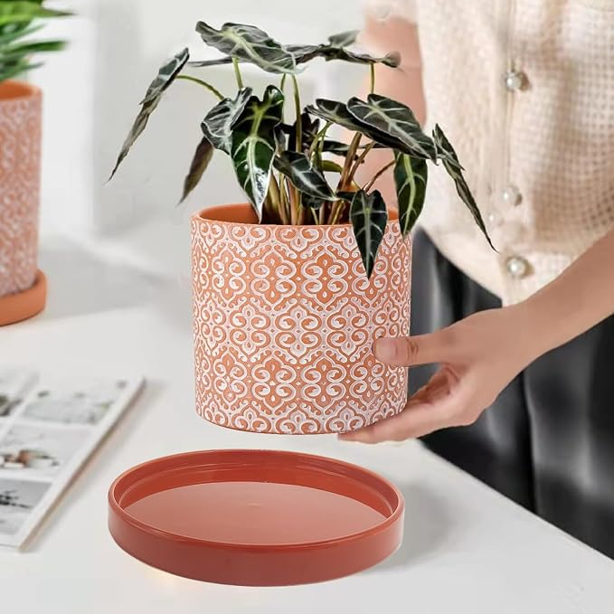 Yukfona Ceramic Plant Saucer Tray 2 Pcs 8 Inch Red Terracotta, 8.5"OD x8.15"ID x1"Deep| Fits flower pots Bottom≤ 8.15", Heavy Duty Glazed Round Planter Drip with Catch Basin for Indoor Outdoor Plants | Ceramic Glazed
