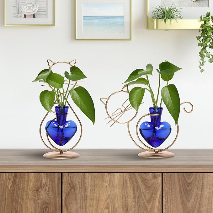 Plant Terrarium Plant Propagation Station Cat Lover Gifts for Women | Plant Lovers Home Office Decor Cat Desk Accessories