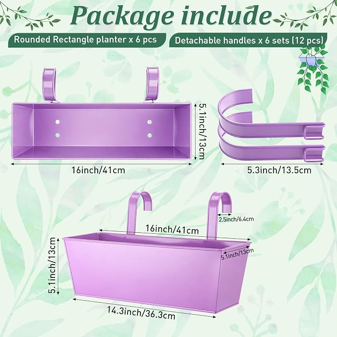 6 Pack Hanging Flower Pot Colorful Metal Iron Bucket Fence Hanging Planters with Detachable Hook Bucket Flower Holder for Railing Balcony Garden Yard Spring Decor (16.1 x 5.1 x 5.1 in,Square)
