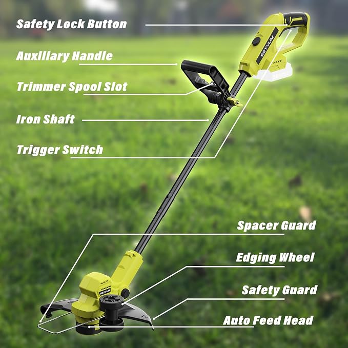 SEYVUM String Trimmer, 20V 12-inch Cordless Weed Wacker with Auto Line Feed, 2 X 2.0Ah Battery Powered Lawn Edger with 8 Pcs Grass Cutter Spool Line, Fast Charger Included