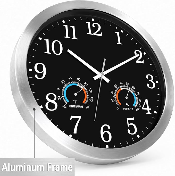 Caysie 16 Inch Indoor Outdoor Clocks Waterproof with Thermometer and Hygrometer Combo, Silent Battery Operated Quartz Metal Wall Clock for Patio Pool Bathroom Home (Black)